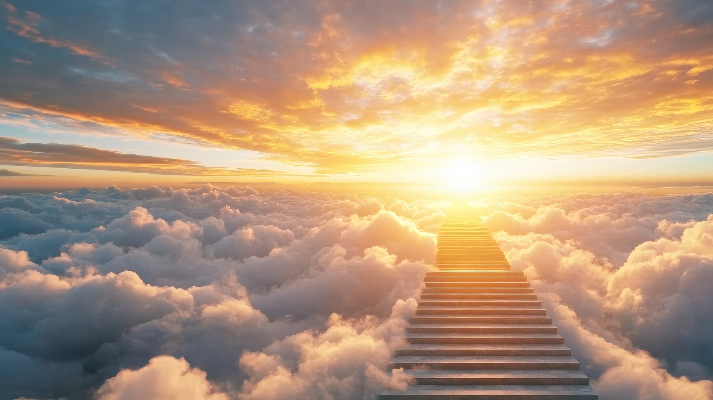 Una escalera ascendiendo hacia el cielo entre nubes al amanecer